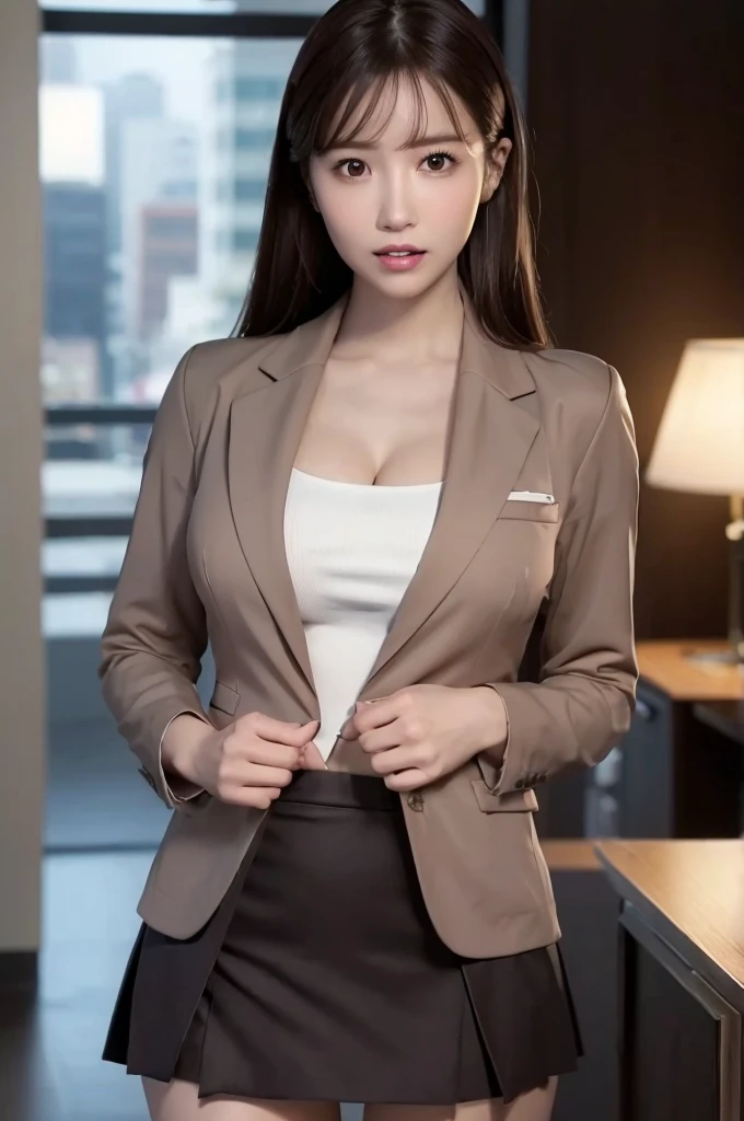 ((8K)), (RAW photo), (Realistic), (photo-realistic), ultra high resolution, masterpiece, highest quality, perfect lighting, professional lighting, detailed lighting, dramatic shadow, ray tracing, (((sharp focus))), 1 Japanese beautiful lady, 30 years old, cleavage, slender body type, beautiful detailed brown eyes, medium breasts, big thick thighs, medium messy hair, light brown hair, half open mouth, looking at viewer, ((business jacket:1.5)), ((business tight skirt:1.5)), in office, ((whole body shot)), night, (intense ecstasy:1.5),