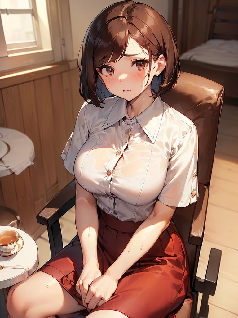 (((She buttons her blouse and opens it:2.4. A long red skirt, a white bra is visible, and a classy white short-sleeved blouse))),(((Apartment room、Sitting in a chair、Anxious expression、Tea on the table:1.3)))Mid-length bob cut hair:1.9. Big breasts:1.6、(((1 Female:1.3))), (((Brown Hair:1.3. Wavy Hair:1.5. Bob Cut Hair:1.9 Round Eyes Beauty:1.3. Shapely breasts, brown eyes, side-swept bangs, red cheeks:1.3 Sweat:1.3)))、(((Top quality masterpiece high resolution perfect human body:1.3))),(((Sweat:1.3,cute:1.3)))