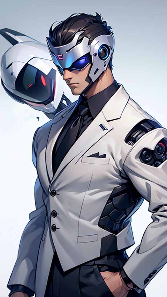 Robotic-looking neck. formal clothes. fully body