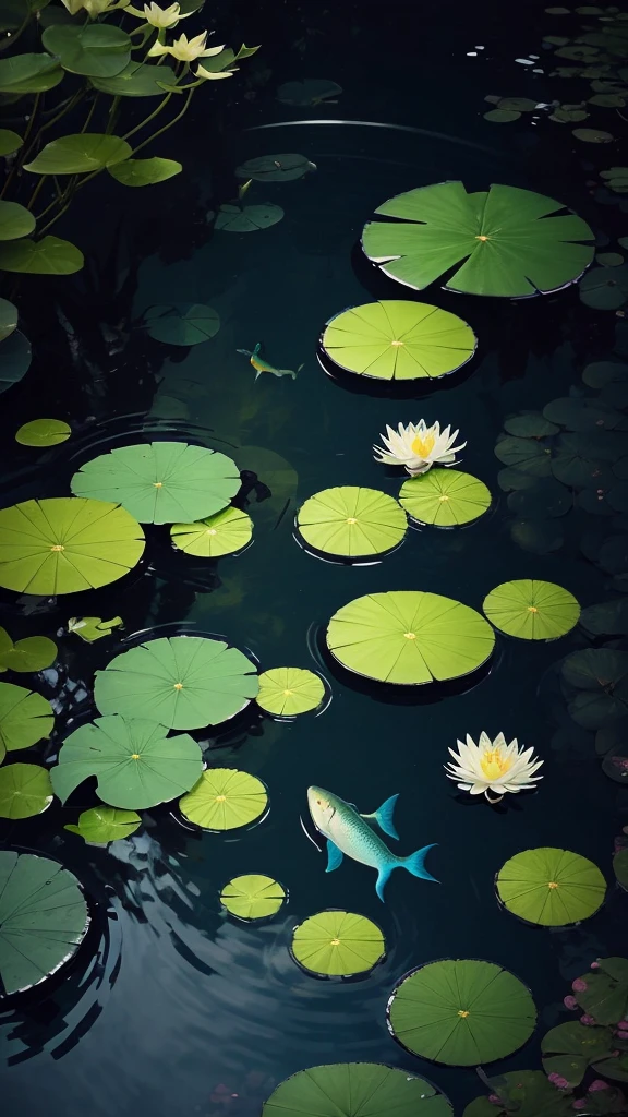 there is a fish swimming In the pond with lily pads, In the pond, Peaceful and tranquil, author Kano Tan&#39;in, author：Asainaka, Koi Pond, author：Tadanari Ono, author：Ashikado Ashing, peaceful, author：Tadashi Nakayama, author：Ando Jellyfish, floating koi