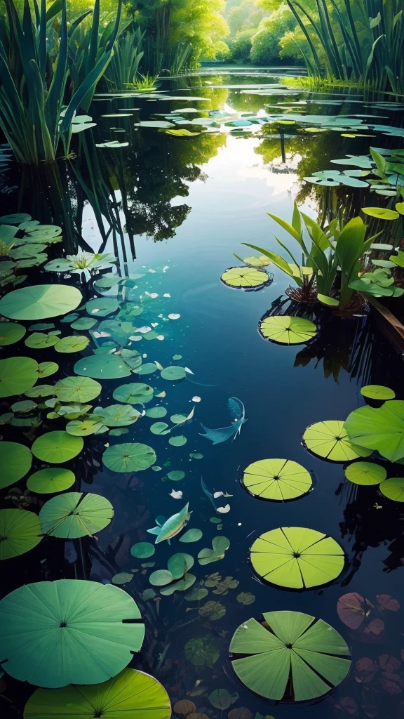 there is a fish swimming In the pond with lily pads, In the pond, Peaceful and tranquil, author Kano Tan'in, author:Asainaka, Koi Pond, author:Tadanari Ono, author:Ashikado Ashing, peaceful, author:Tadashi Nakayama, author:Ando Jellyfish, floating koi