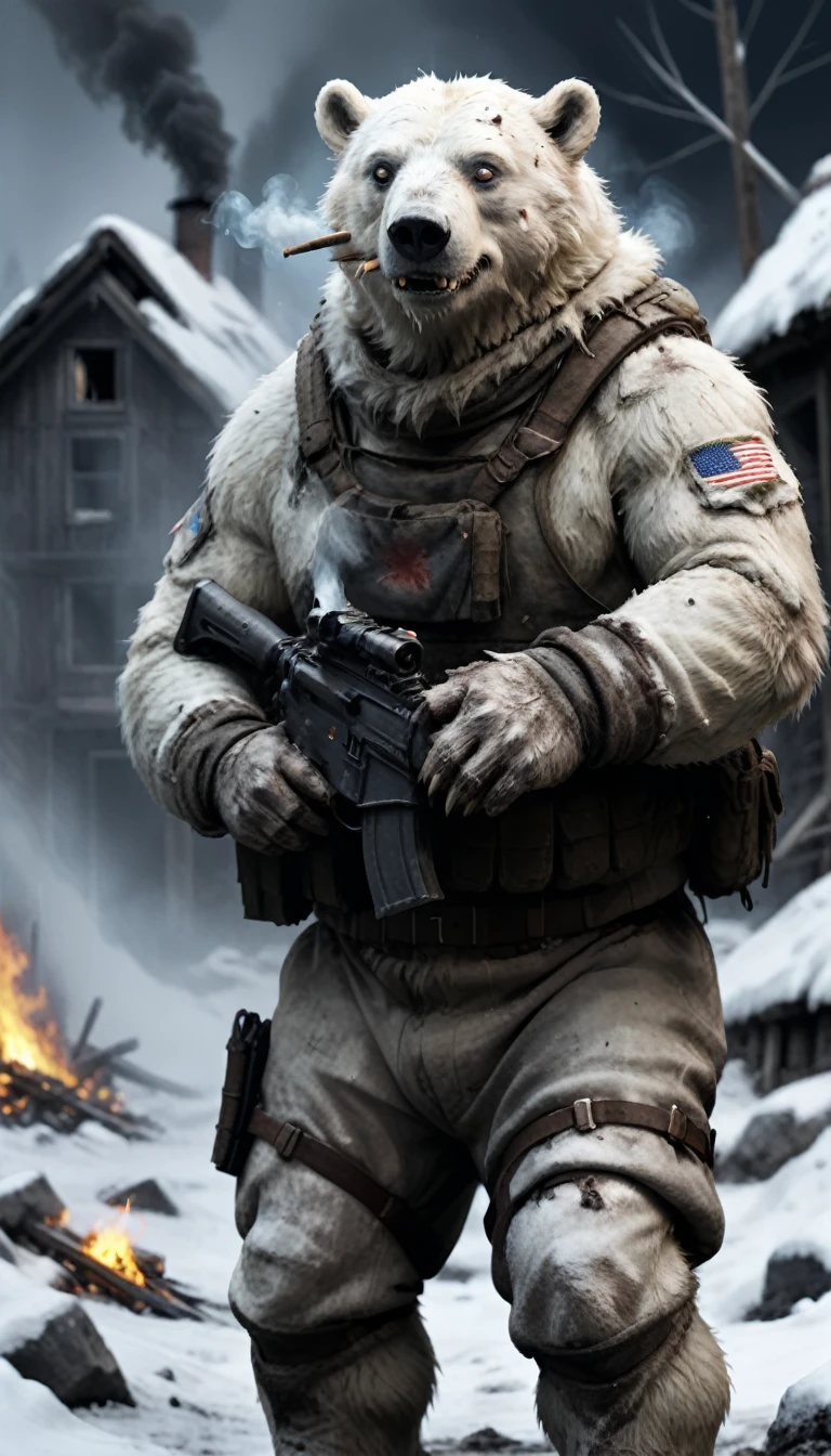 A fully armed army of winter humanoid polar bear soldiers, Dilapidated, Raid a village in the dark, fire, smokes, explode, Tracer, Lenses, Dead people, Body parts, 动作Lenses, In motion, 8K, Ultra HD, Digital SLR Camera, insane detailed, Award-winning photos, (Dark scenes), miscellaneous,Shoot at a very long distance