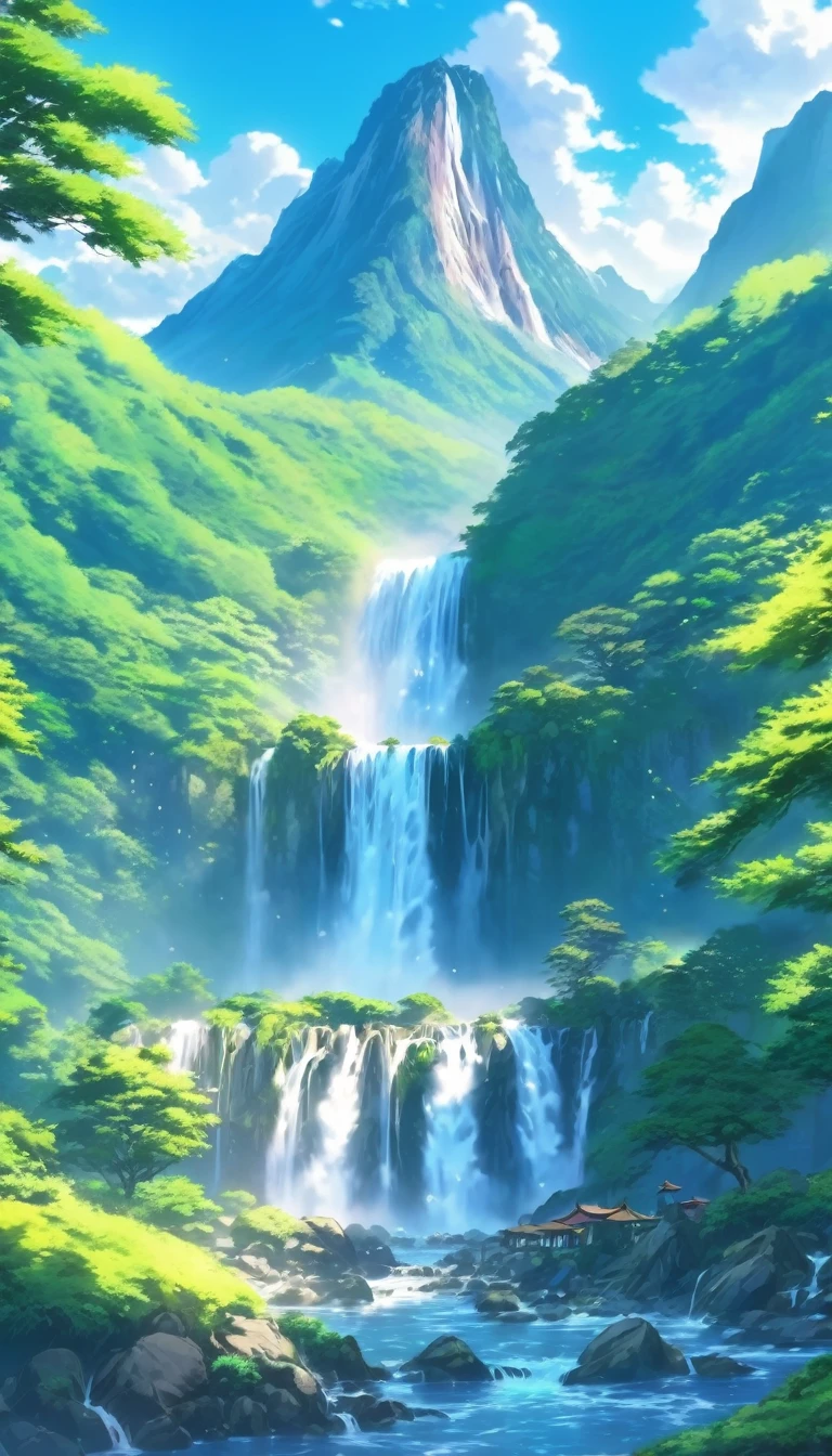 anime of a waterfall and a mountain with a waterfall in the foreground, anime landscape, anime landscape wallpaper, anime nature, anime beautiful peace scene, beautiful anime scenery, anime nature wallpap, anime scenery, anime art wallpaper 4k, anime countryside landscape, anime art wallpaper 4 k, scenery artwork, scenery wallpaper, japanese art style, anime background, beautiful anime scene. sharp and clear 16k