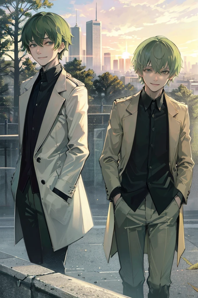 young man, green medium hair, green eyes, smiling, medium hair, wearing a pure white trench coat, wearing black pants, in one city, 4k, detailed, sui ishida art style, detailed eyes, in a sunset city
