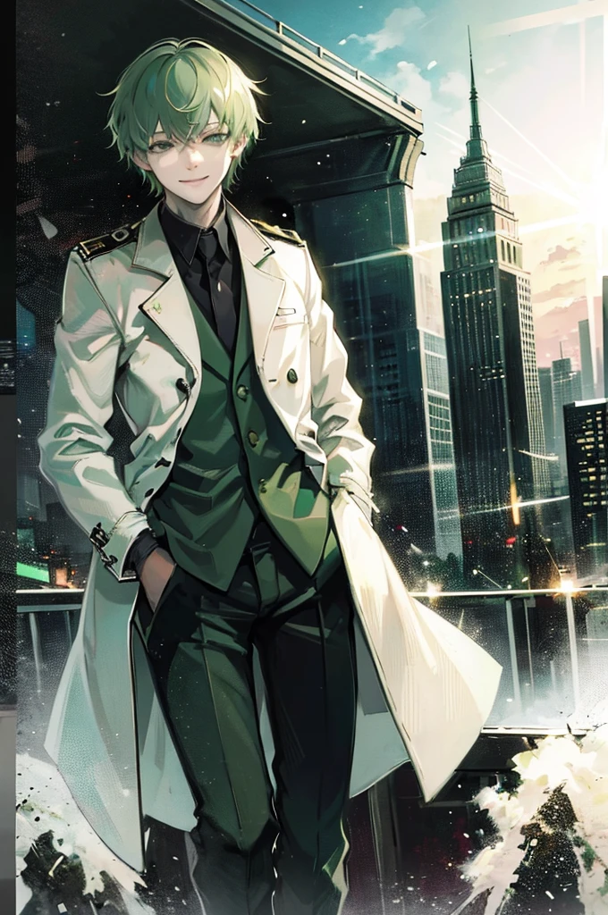 young man, green medium hair, green eyes, smiling, medium hair, wearing a pure white trench coat, wearing black pants, in one city, 4k, detailed, sui ishida art style, detailed eyes, in a sunset city
