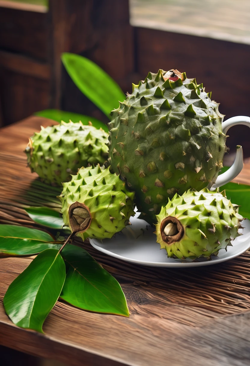 extream quality soursop on a table with a cup of green tea. high details