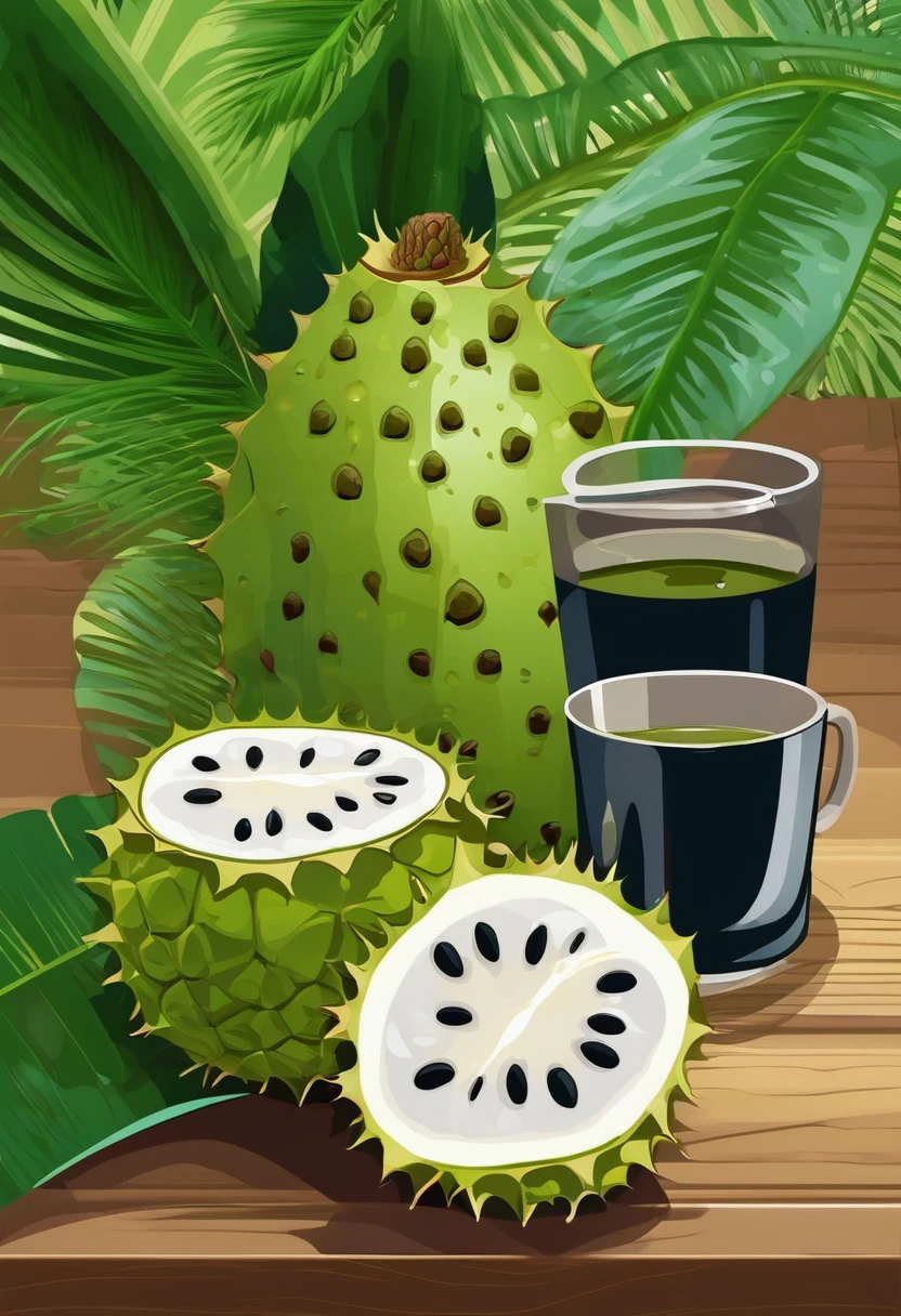extream quality soursop on a table with a cup of green tea. high details