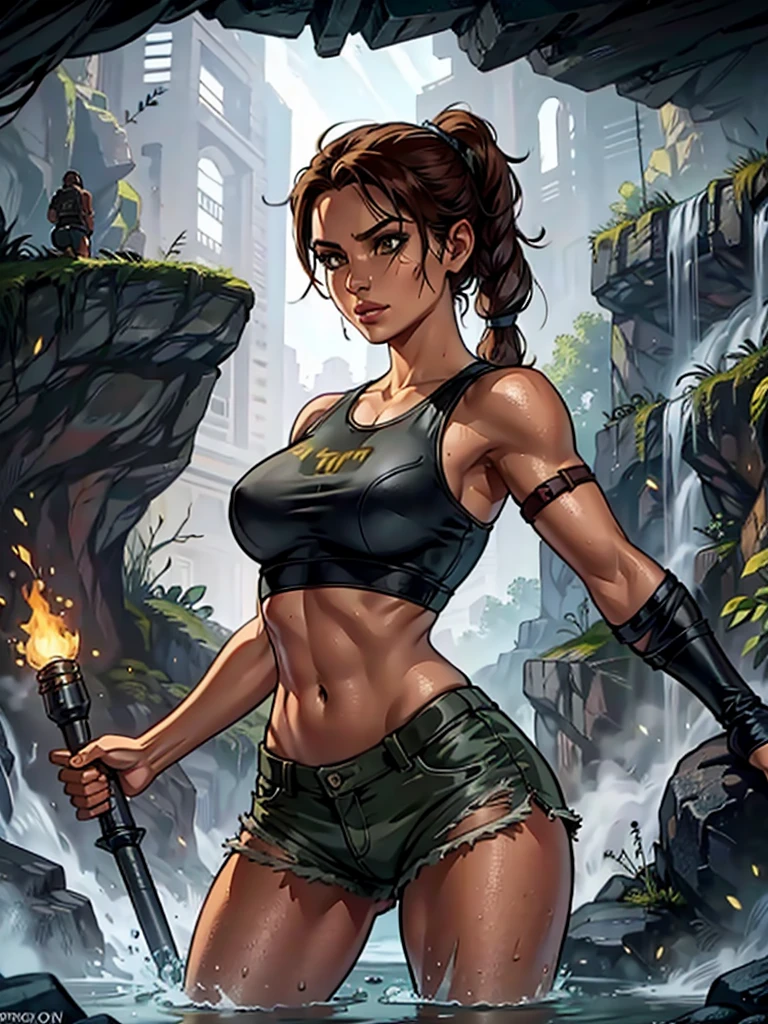 Tomb Raider, Lara Croft inside a cave that spreads around the site with a torch in her hand, toples, small and ripped shorts, water, sexly