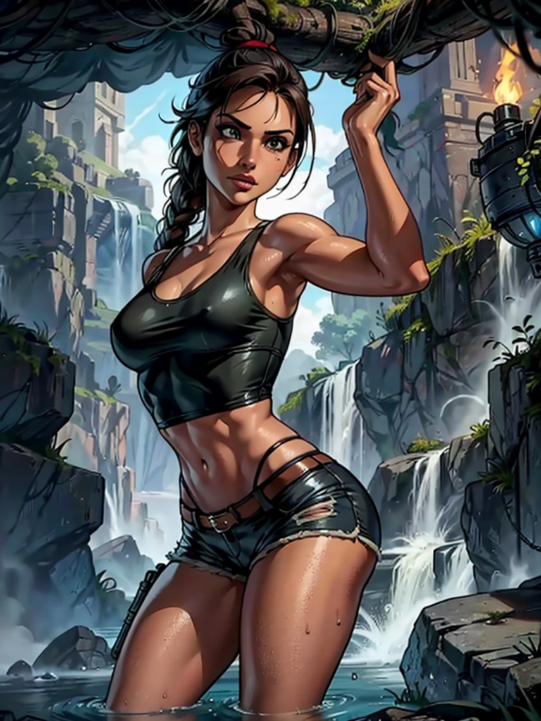 Tomb Raider, Lara Croft inside a cave that spreads around the site with a torch in her hand, toples, small and ripped shorts, water, sexly