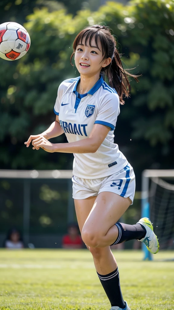 Highest quality, High resolution:1.2, Super detailed, Realistic:1.3, ((Beautiful woman))、Ultra tight uniform、Big Breasts、Vibrant colors, play soccer,((blunt bangs))、Has bangs、Wet Hair, Concentration, Splash, Action Shots, Grass blotches, Muddy ground, Wet turf, Decide, Fast-paced games, Athletic physique, Shiny soccer ball, Wet Uniform, raindrop, Blurred motion, Focus on the ball, Intense competition, Skillful dribbling, Energetic play, Teamwork, powerful shoots, Wet pitch, Passionate sports, Fierce Decide, Humid atmosphere, Fluid movement, emotional expression, Difficult conditions, Dramatic lighting, Women's Sports, Avid athletes, Exciting Games, endure, Excited state, Speed and agility, Energetic play, 濡れたSplash、smile、