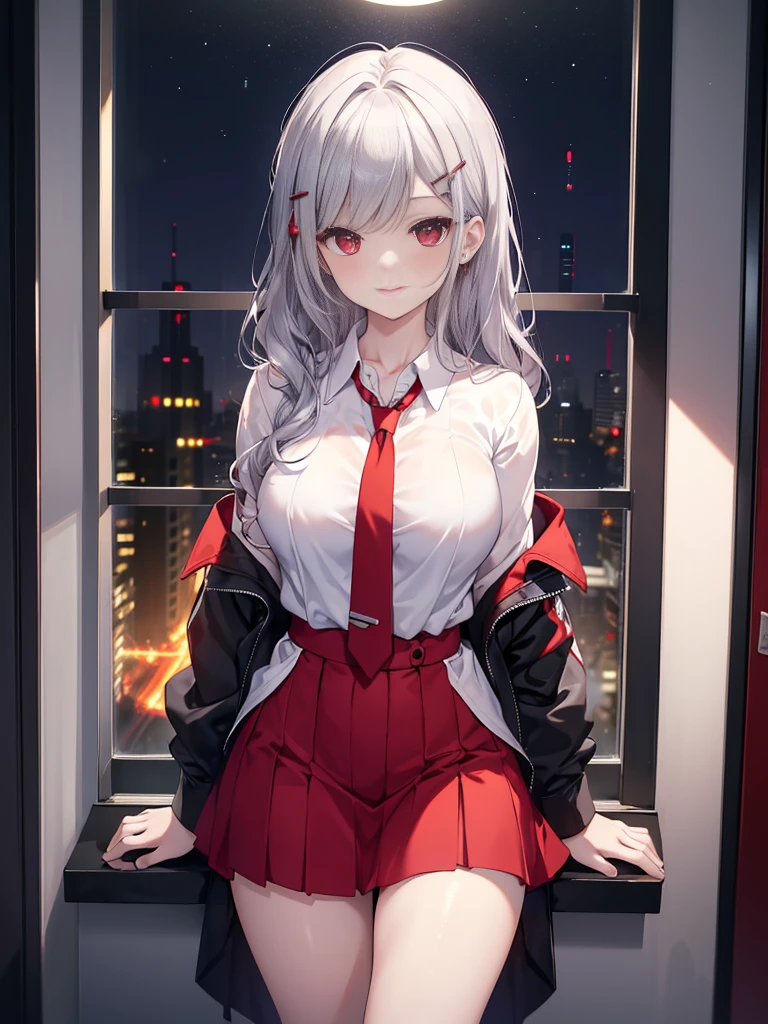 (Masterpiece, best quality), Raw picture of a beautiful woman, (white_shirt, red_tie), black mini skirt, thighs, office outfit, dynamoc pose, (sparkling red eyes), detailed eyes, black eyeshadow, glossy lips, ((silver hair)), hair clips, (wavy hair, hair strands), collarbone, neck details, (beautiful round breasts), standing, leaning on window, night sky, soft ambient lighting, intrinsic details, aesthetic view, looking at the viewer, professional, HD, 8K, (absurdres:1.2), highly detailed, vivid colors, bokeh, highly focused, (smile:1.2), pov thighs