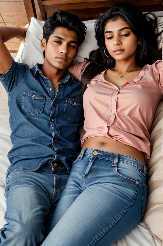 Realstick Indian 18 year girl wear a blouse and jeans and sleeping in boy arms