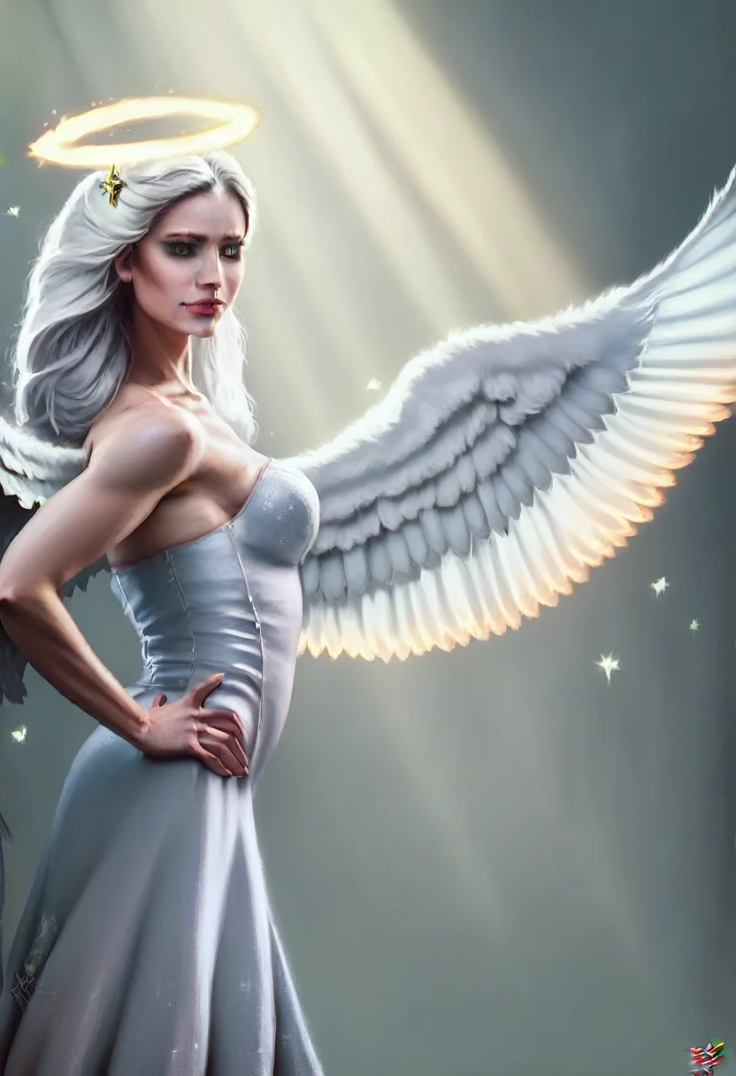 a beautiful angel with flowing white dress, wings spread, hand on hip, side view, (best quality,4k,8k,highres,masterpiece:1.2),ultra-detailed,(realistic,photorealistic,photo-realistic:1.37),HDR,UHD,studio lighting,extremely detailed face and eyes,delicate facial features,long eyelashes,smooth skin,intricate dress folds,glowing skin,angelic expression,sunlight streaming through clouds,simple background, hand behind back