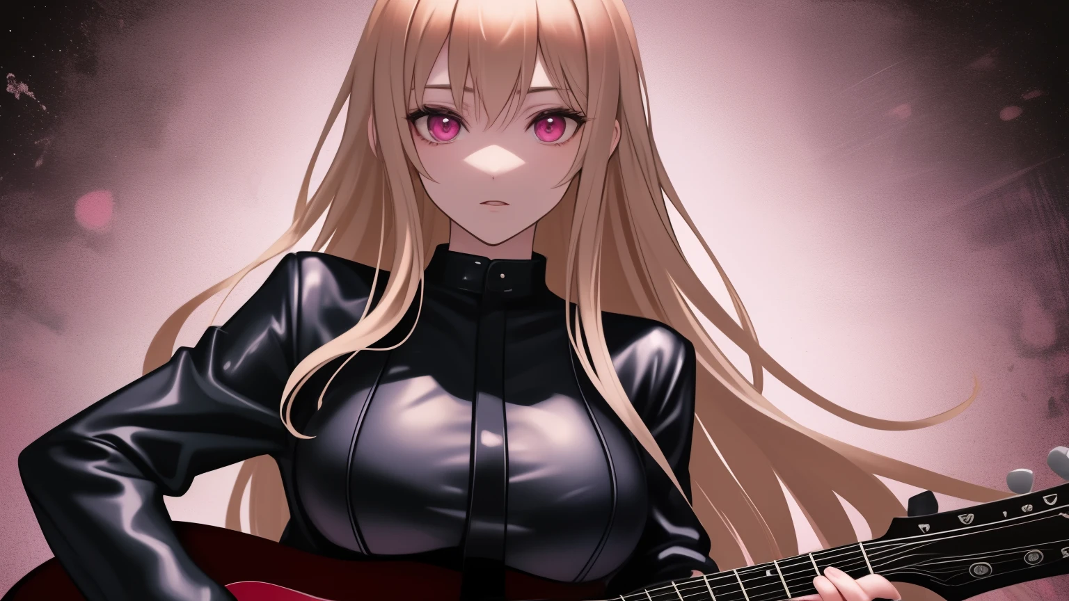 adult woman, pink eyes, long blonde hair, black leather, guitar