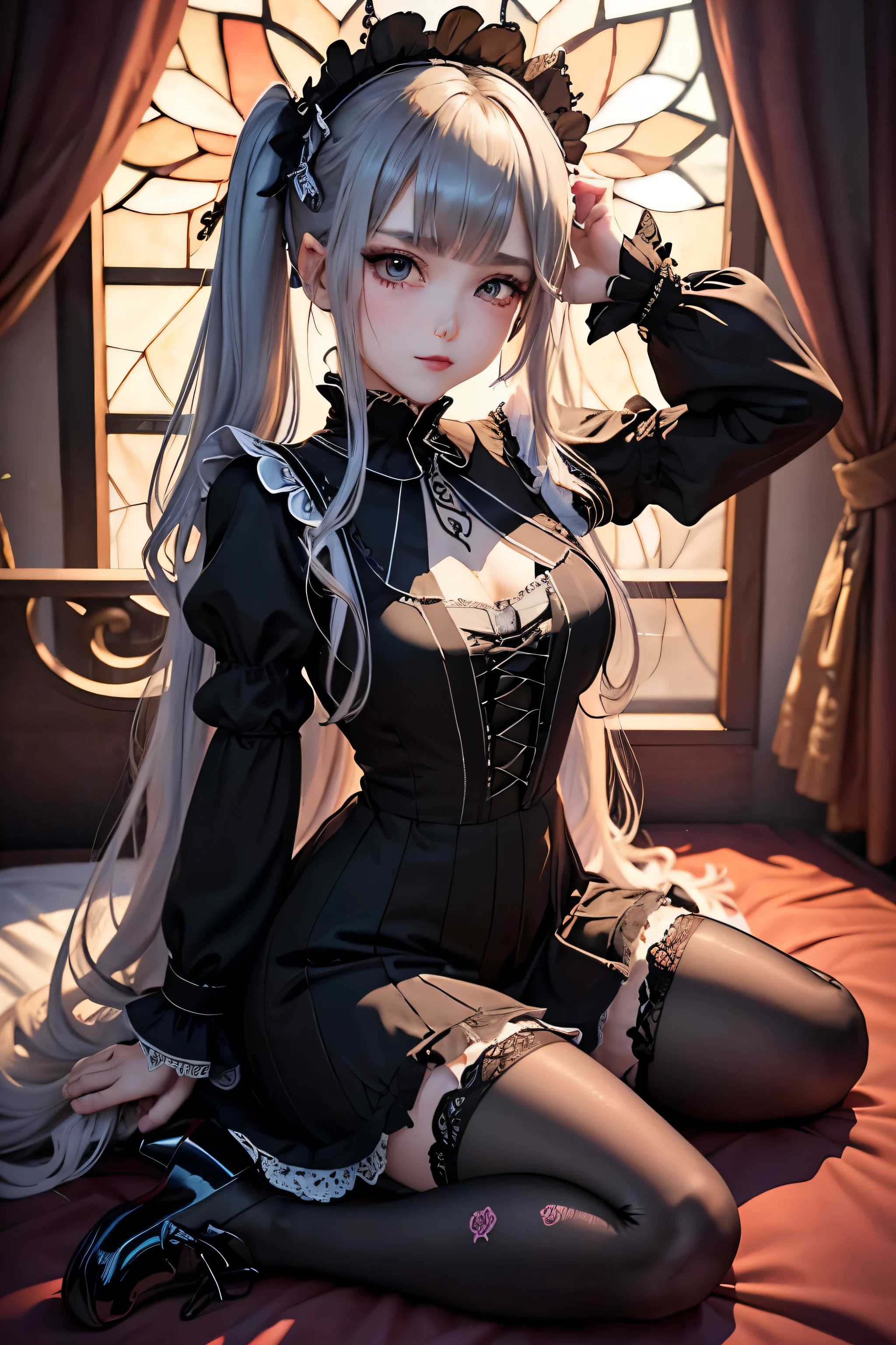 Hard Dark Gothic Makeup、Black dark eyeshadow、sad、Good skin radiance、Dark Gothicメイク、Dark smile、palace、The beauty of fragrance、24-years-old、Expression of intense sexual pleasure、Embarrassed look、Dark Gothic、Highest quality、Expression of sexual pleasure amid suffering、Drunk face、紫のMaid clotheysterious、Noble、sexy、Loving smile、Twin tail hair、Right blue eye, Left eye is red、Super tempting pose、Platform Heel Shoes、Heavy makeup、Gothic Lolita clothes、Silver Hair、Long Hair Straight Hair、Cute Gothic Lolita Dress、Beautiful Face、elegant features、Attractive face、Stained glass is the background、Chest glistening with sweat、The room is dark、goth long dress、Bell Sleeves、Wizard Sleeve、Decadent look、Sexually excited expression、Glossy thighs wet with water、Thighs that are wet and shiny with oil、Background of a room full of roses、sad expression、Rose Maiden、The embroidery is pink、The dress has pink embroidery.、Thigh-high socks、Knee-high socks、Gentle expression、Dark black eyeshadow、Stained glass and rose background、thighs are a little thin、Female Duo、Female couple、dark church background、Stained glass、Black metal world、Dark Castle、Dark Room、Slender body、gothic long dress、Victorian dress、Small breasts、Hold the wine in your right hand、Hold the lantern in your left hand、pantyhose、The bed is covered with roses、Her thighs are shining with sweat、My body is wet and shiny、Lots of glitter on the thighs、sweating、My thighs are sticky from sweating、Sweat glistening on my thighs, The whole body is sweaty and shiny、I sweated a lot.、My thighs are sweaty、My thighs are wet、My thighs are shining with sweat、A lot of sweat glistening all over the body、Slender body、Put your head on the pillow、Sleeping on a bed、Beautiful legs、Sleep with your legs stretched、Lying in bed、