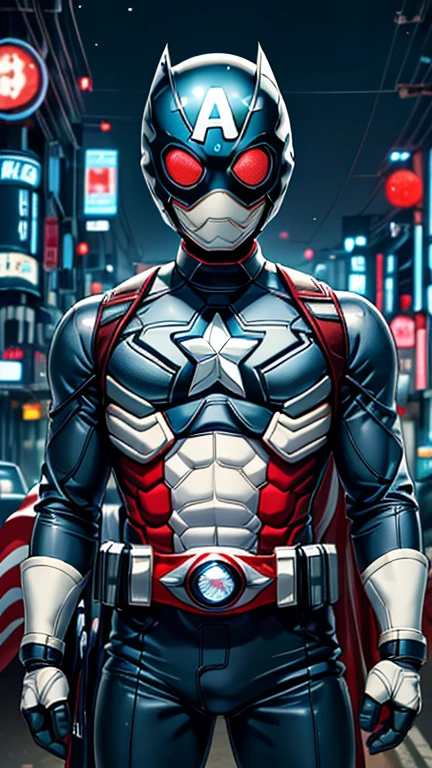 (8k),(masterpiece),(Japanese),(8-year-old boy),((innocent look)),((Childish)),From the front,smile,cute,Innocent,Kind eyes,Flat chest,blue helmet,blue domino mask,white mask,Captain America, short,Black Hair,Strong wind,night,dark, Neon light cyberpunk city,Kamen rider,camisa