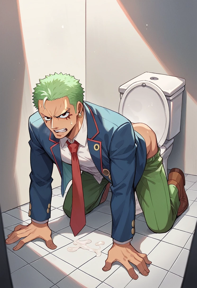 one piece,Zoro,Red tie,blazer,toilet,Dog dish with semen,On all fours