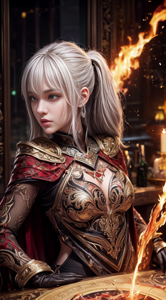 ((Ultra-thin illustration, 8K, Tabletop :1.2, Sharp focus :1.2, Depth of written boundary:1.2)), Beautiful Female Swordsman, Absurd, Highly detailed face and skin texture, Silver Hair, Jet Black Armor, Flame Armor, Cloak on Fire, Flaming Sword, Determination to overcome sadness, There is a sign of determination in your kind eyes , Strong Soul