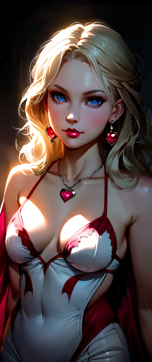 Bimbo wearing a pink tube top, White hotpants, hugge breasts, Looking at Viewer, Cinematic lighting, Perfect, softlight, High resolution skin, Realistic skin texture, 20 years old woman, succubus、a small face、, heart necklace, earrings, Blue eyes, (bleached blond hair)、Gray background、(style of Alphonse Mucha:1.2),