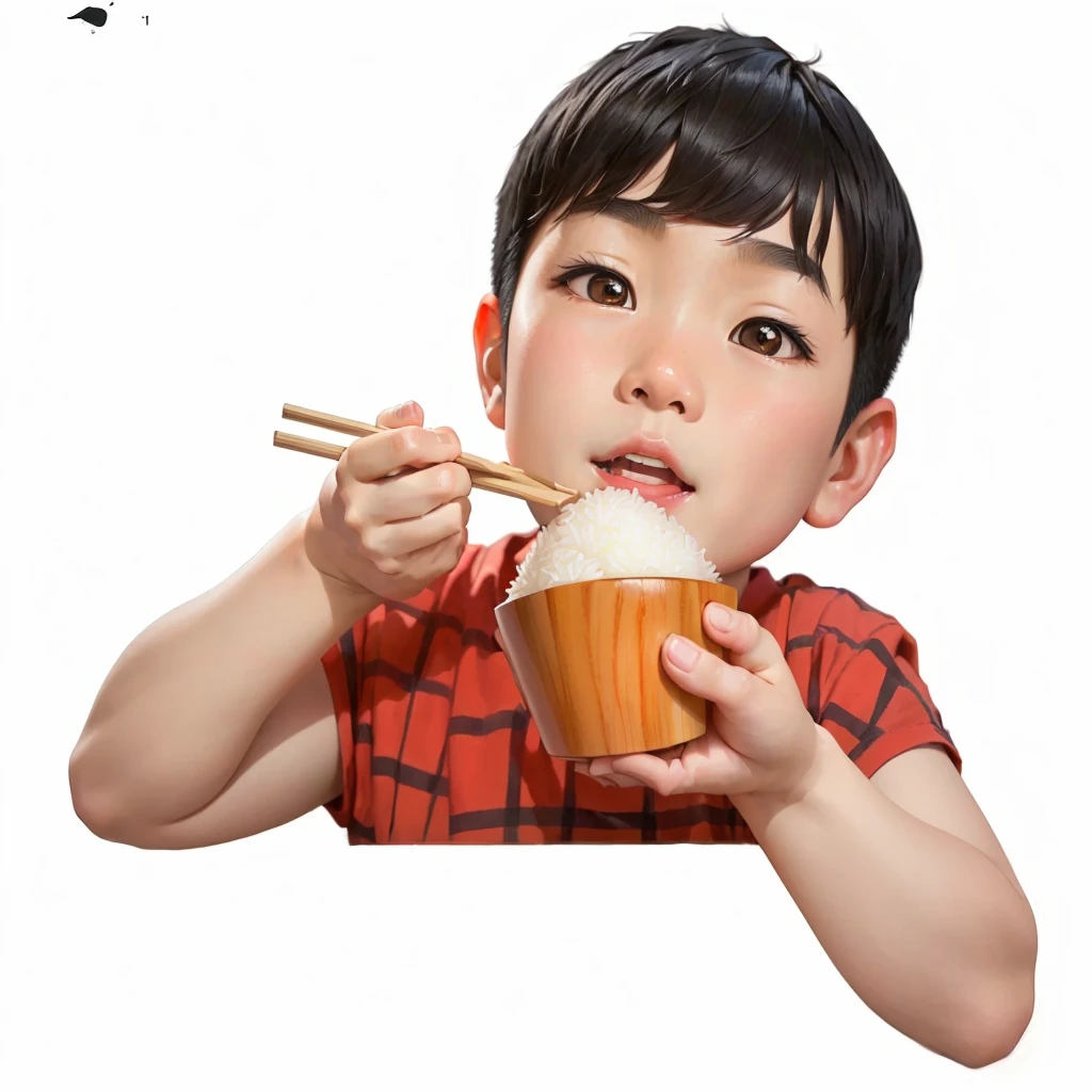 A young Chinese boy with black hair eating rice, cute product illustration, 8k, best quality, photorealistic, detailed face, detailed eyes, detailed nose, detailed mouth, photo-realistic, sharp focus, vivid colors, warm lighting, intricate details, soft shadows, natural environment, natural lighting, cozy interior, wooden table