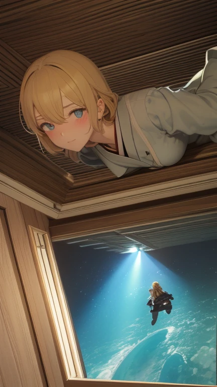 Gil Elvgren, Frederick Smith, Walter Crane, Pawel Pawlak, Joanna Rusinek, Adam Kilian, Surrealism, wonder, strange, fantastical, fantasy, Sci-fi, Japanese anime, an aquarium just for Alice, a beautiful blonde miniskirt girl, diving, swimming, perfect voluminous body, picking up stars from the bottom, an basement in the sky, detailed masterpiece Zoom in close up embarrassing shy cute blushing hyper realistic sharp focus low angles looking at viewer real