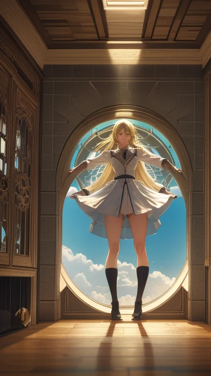 Gil Elvgren, Frederick Smith, Walter Crane, Pawel Pawlak, Joanna Rusinek, Adam Kilian, Surrealism, wonder, strange, fantastical, fantasy, Sci-fi, Japanese anime, an aquarium just for Alice, a beautiful blonde miniskirt girl, diving, swimming, perfect voluminous body, picking up stars from the bottom, an basement in the sky, detailed masterpiece Zoom in close up embarrassing shy cute blushing hyper realistic sharp focus low angles looking at viewer real