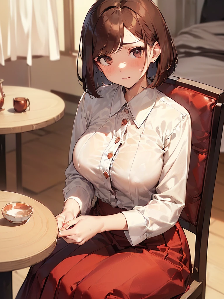 (((Red long skirt, buttoning her blouse with her hands, opening the front:2.4. An elegant white short-sleeved blouse that shows off a white bra))),(((Apartment room、Sitting in a chair、Anxious expression、Tea on the table:1.3)))Mid-length bob cut hair:1.9. Big breasts:1.6、(((1 Female:1.3))), (((Brown Hair:1.3. Wavy Hair:1.5. Bob Cut Hair:1.9 Round Eyes Beauty:1.3. Shapely breasts, brown eyes, side-swept bangs, red cheeks:1.3 Sweat:1.3)))、(((Top quality masterpiece high resolution perfect human body:1.3))),(((Sweat:1.3,cute:1.3)))