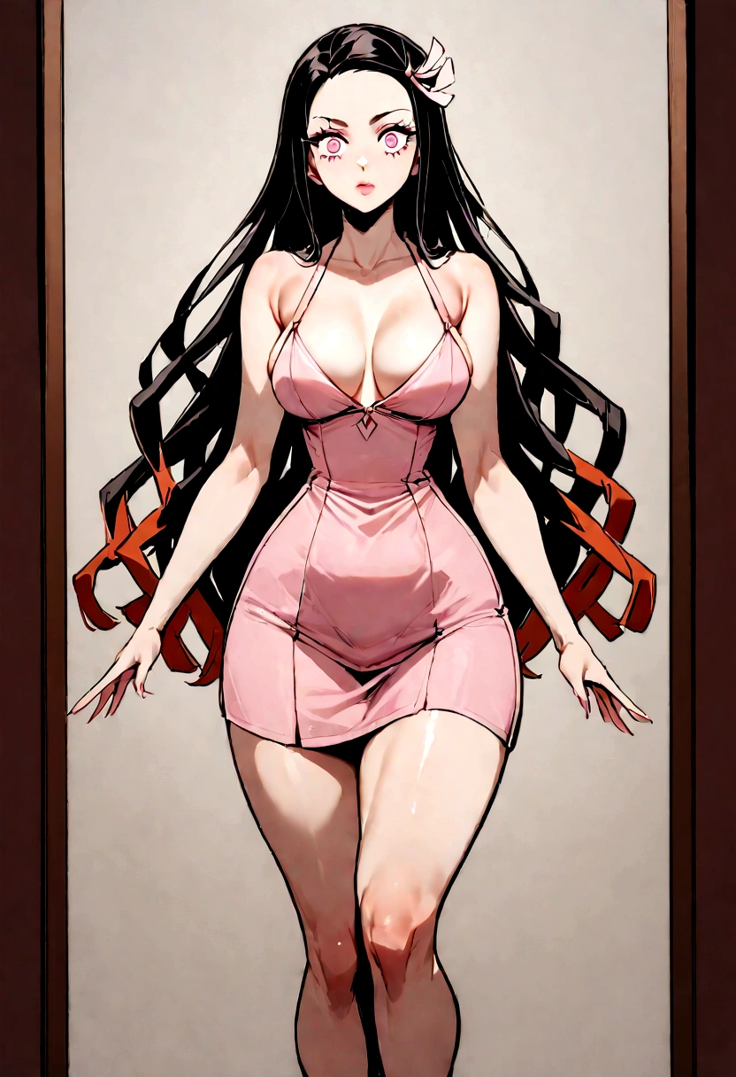 (ultra quality),((work of art)), Nezuko Kamado, (expressão facial sexly), (glare eyes),((sexly)),(witheout panties), (medium breasts), (Beautiful breasts), (ideal women&#39;s bodies), ((beautiful curves)),(wide hip), (nice legs),(pink dress clothes) close no rosto, photographic essay.