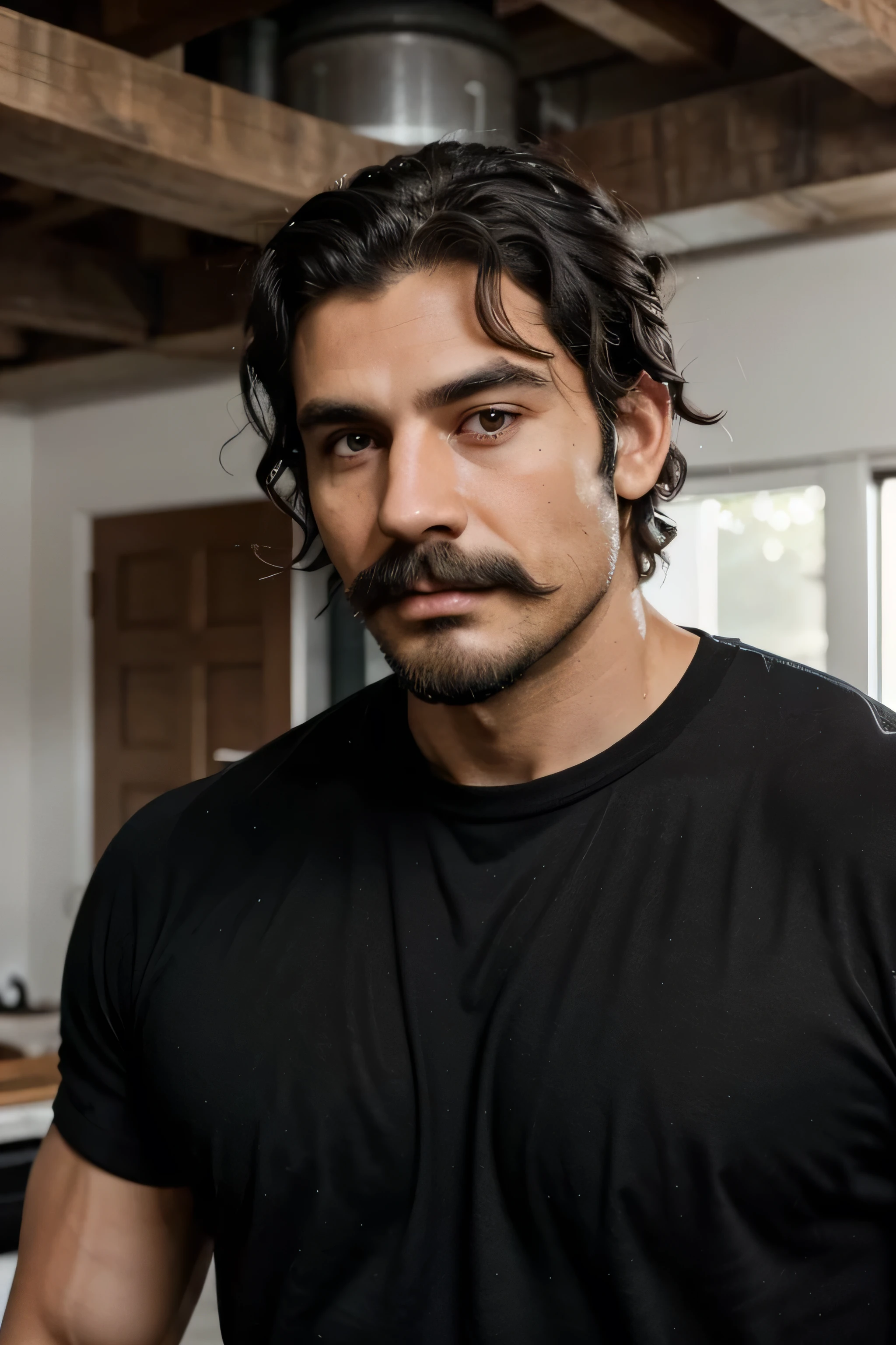 Muscular man in his mid 30s, having a messy wavy black medium hair, white skin, bearded, mustache