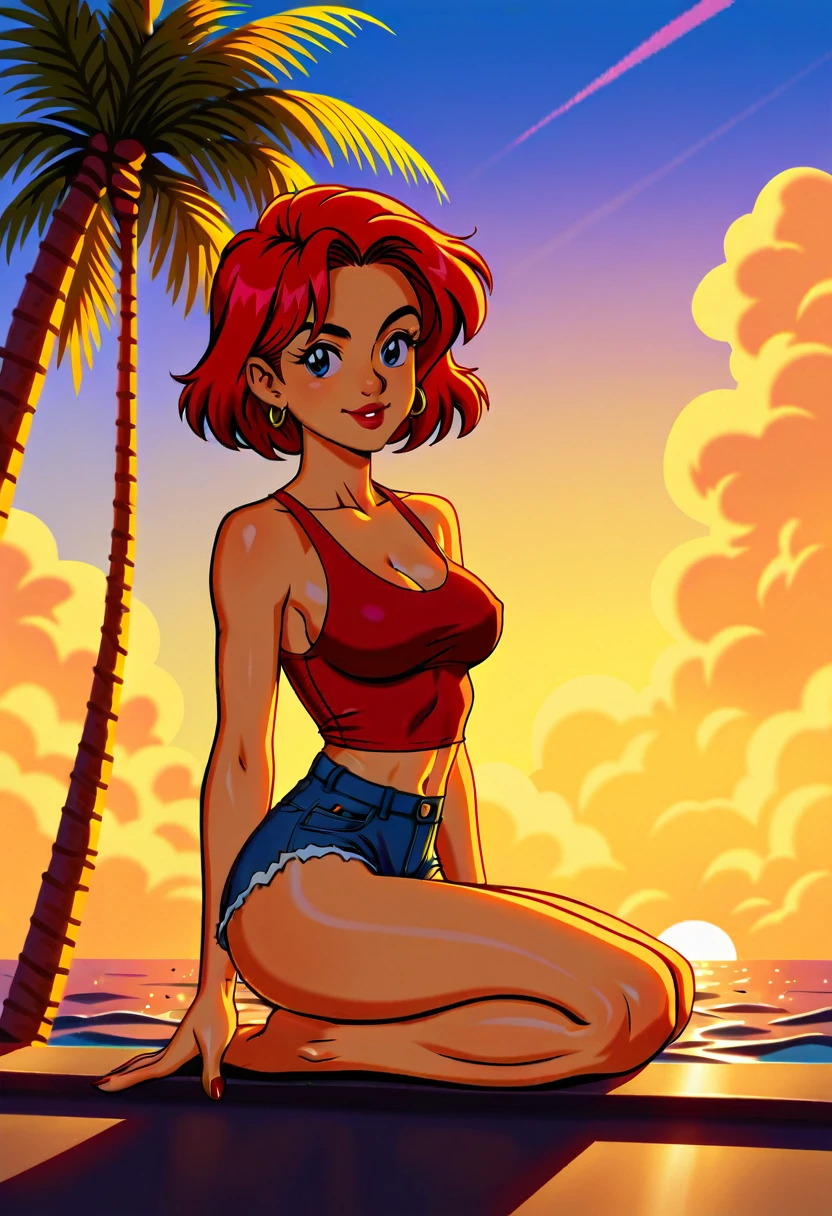 retro girl, Miami, sunset, Ferrari, palm tree, 90's, (flat colors, flat texture, lineart:1.2), graphical design, (heavy ink, ink blacks),