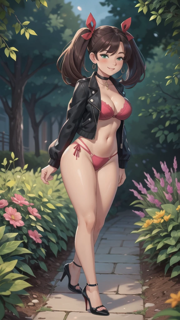 (masterpiece, best quality, glowing light, ultra detailed, detailed background, complex background), (perfect face, detailed face), (mature female, milf:1.4), full-face blush, thighs, parted lips, smile, thick thighs, half-closed eyes, marnie, 1girl, asymmetrical bangs, solo, twintails, looking at viewer, ribbon, hair ribbon, choker, jewelry, red ribbon, earrings, black choker, high heels, jacket, black jacket, pink thong, medium hair, long sleeves, open jacket, green eyes, fullbody (outdoors, garden, thighs, arms behind back), rear view.