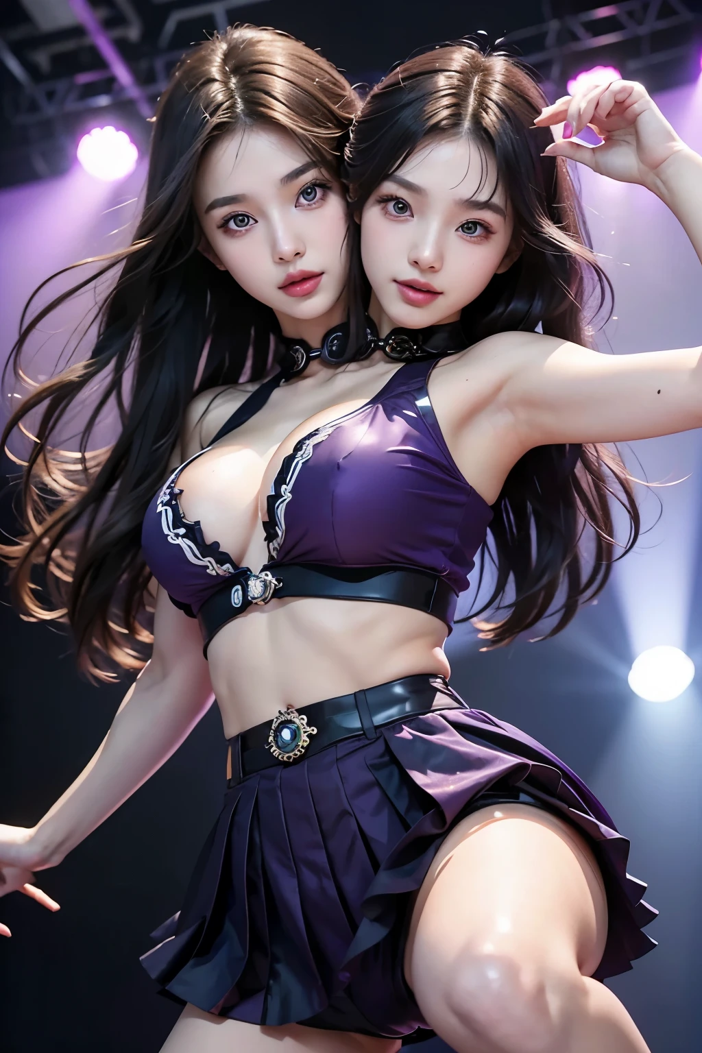 1 person, young teenage korean kpop star, dancing on a stage, grinning at camera, with audience in front, stage lights, stars in hair, kpop uniform, girl, looking at camera adoringly, dark atmosphere, highly detailed skin,, cleavage,old japanese style ,8K quality, super sharp, Ultra realistic details, purple hair colour, Bright colors, black rose in hair , cleavage,(debris flies, highest quality, ultra high resolution),1 girl,beautiful and detailed face, fine eyes,((purple theme)),perfect eyes、no background,white background,,Isshiki、model,flowers,rings,conjoined_dicephalus, (2 heads:1.2)