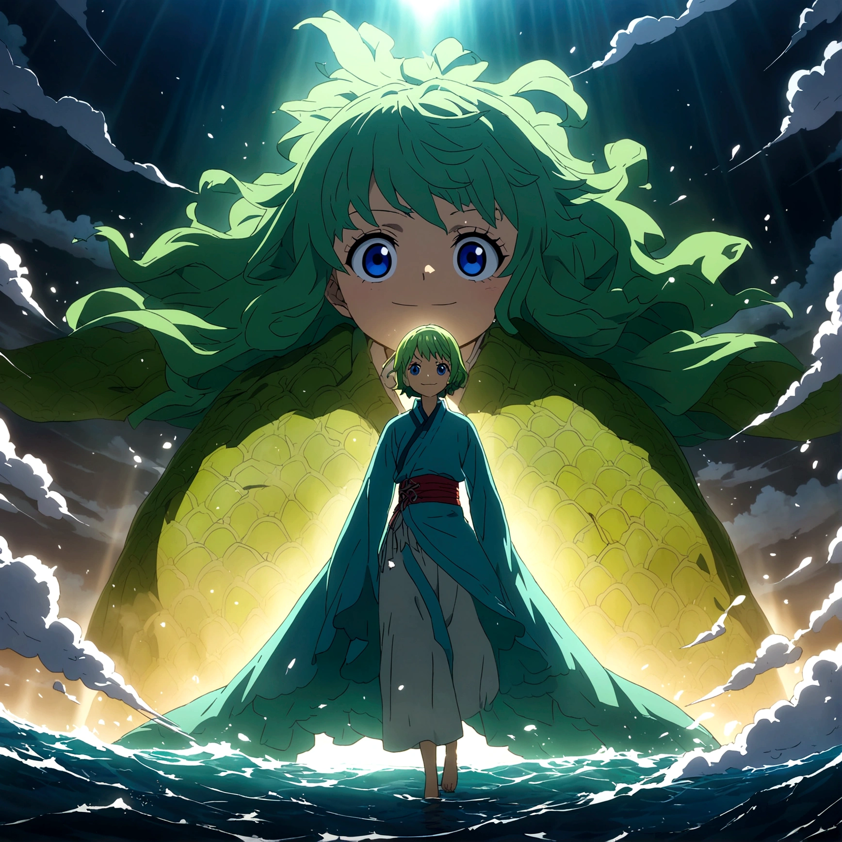 Half-fish man, green scales, green hair mixed with blue, blue eyes, classic Chinese style light blue robe, confident smile, clear seabed scenery, "One Piece-inspired anime features, drenched in dramatic and stunning lighting, dramatic lighting, infused with creative details, ultra-fine 2D design, scenery bathed in creativity, bathed in creativity, boasting HD anime resolution clarity, HD anime graphics, high-octane rendering"
