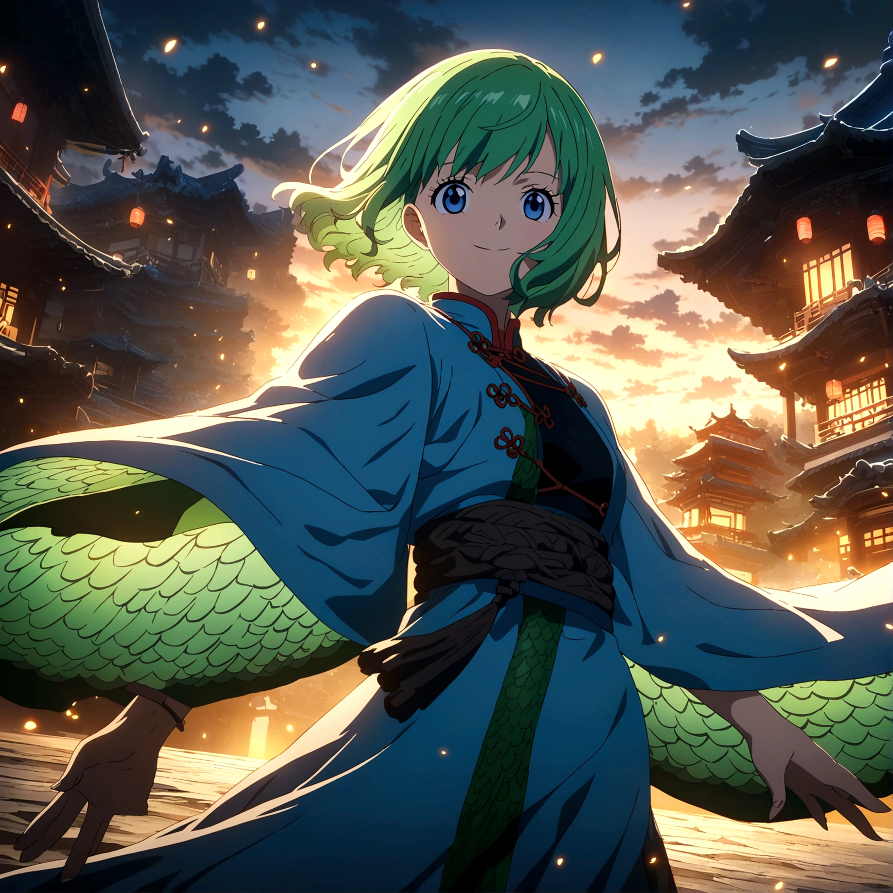 Half-fish man, green scales, green hair mixed with blue, blue eyes, classic Chinese style light blue robe, confident smile, clear seabed scenery, "One Piece-inspired anime features, drenched in dramatic and stunning lighting, dramatic lighting, infused with creative details, ultra-fine 2D design, scenery bathed in creativity, bathed in creativity, boasting HD anime resolution clarity, HD anime graphics, high-octane rendering"
