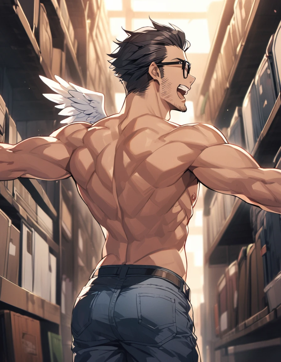 1male,solo,black_hair,two-block_cut_hair,curly_hair,hair_slicked_back,black_eyewear,glasses,stubble,giggling,open mouth, clenched_teeth,abs,topless,denim_pants,open_arms,open_hands,black_leather_boots,angel wings print on back,back,from behind,