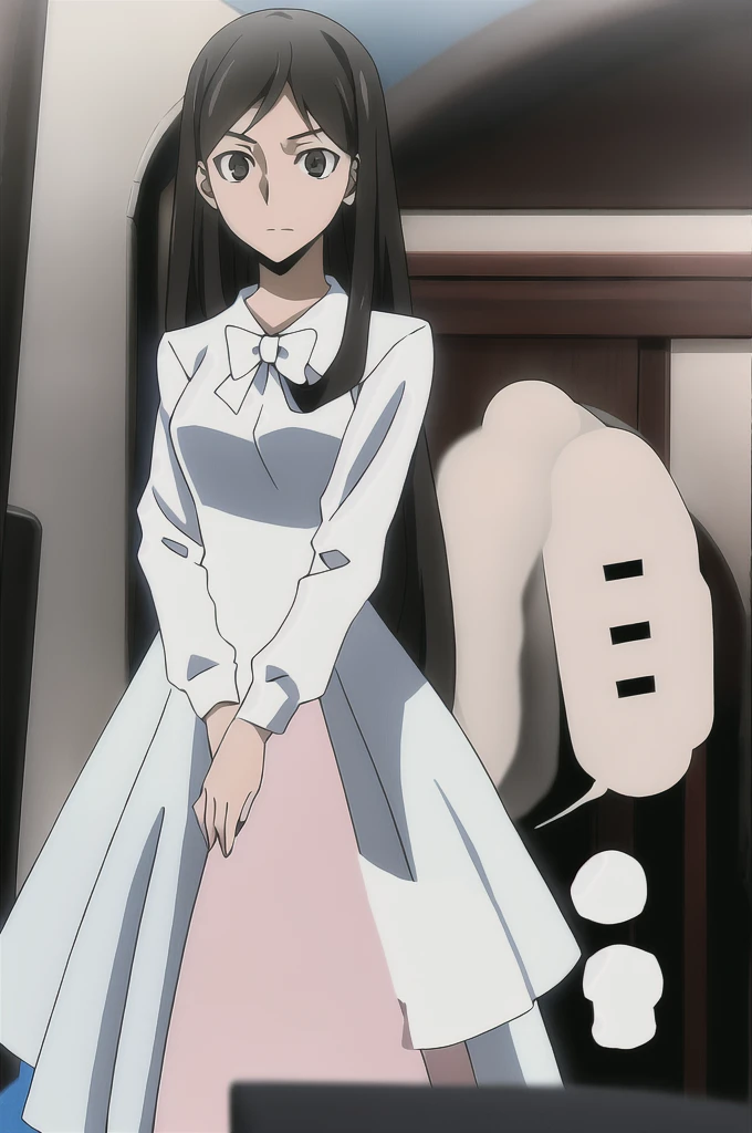 A young woman in her 20s with long straight black hair, fair skin and pink eyes. She wears white formal dresses. She is calm and kind.