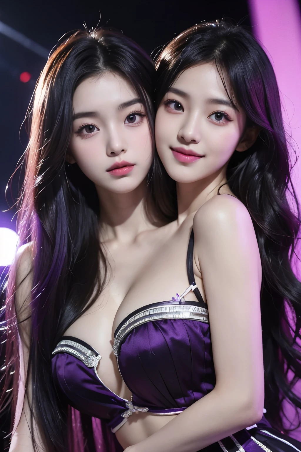 1 person, young age korean kpop star, dancing on a stage, grinning at camera, with audience in front, stage lights, stars in hair, kpop uniform, girl, looking at camera adoringly, dark atmosphere, highly detailed skin,, cleavage,old japanese style ,8K quality, super sharp, Ultra realistic details, purple hair colour, Bright colors, black rose in hair , cleavage,(debris flies, highest quality, ultra high resolution),1 girl,beautiful and detailed face, fine eyes,((purple theme)),perfect eyes、no background,white background,,Isshiki、model,flowers,rings,conjoined_dicephalus, (2 heads:1.2)
