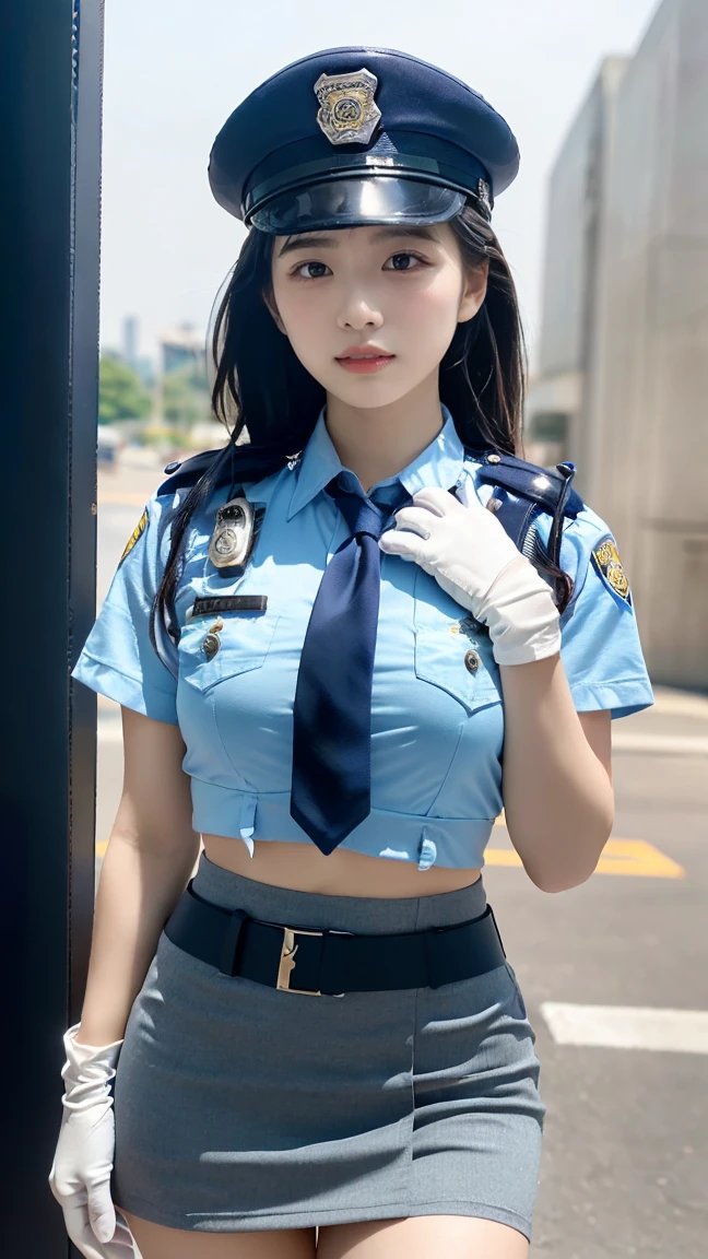 (8K, RAW Photos, Highest quality, masterpiece:1.3), (Professional photography, Full Color, Studio-level color grading), (High-end fashion magazine gravure quality), close, break,1 female police officer:1.5), 25-year-old woman,(perfect long ponytail:1.1), Crying a little, Harajuku Style, Big Natural Color Lip, (Plump body (Smooth Skin.1.1  (Big Tits 1 (Expresses the roundness and softness of the chest area...1 Break ((Female police officer uniform, Light blue short sleeve shirt, Navy tie, High Waist Mini Skirt), belt, White gloves, Police hat, )