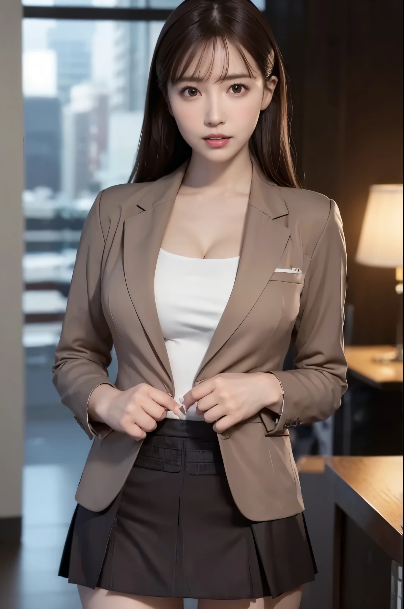((8K)), (RAW photo), (Realistic), (photo-realistic), ultra high resolution, masterpiece, highest quality, perfect lighting, professional lighting, detailed lighting, dramatic shadow, ray tracing, (((sharp focus))), 1 Japanese beautiful lady, 30 years old, cleavage, slender body type, beautiful detailed brown eyes, medium breasts, big thick thighs, medium messy hair, light brown hair, half open mouth, looking at viewer,  ((business jacket:1.5)), ((business tight skirt:1.5)), in office, ((whole body shot)), night, (intense ecstasy:1.5),