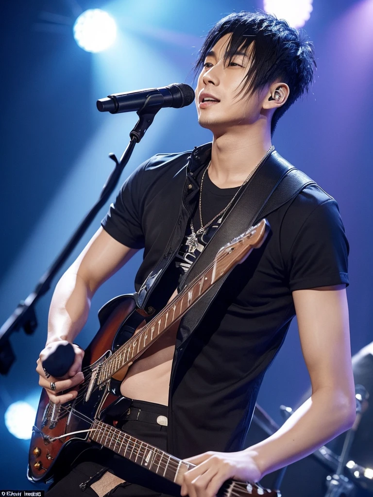35-year-old Chinese-Japanese man, Idol and singer of a musical group a Rockstar, with a skin fade haircut with a toupee, defined abs, Cold look, similar to sid vicious