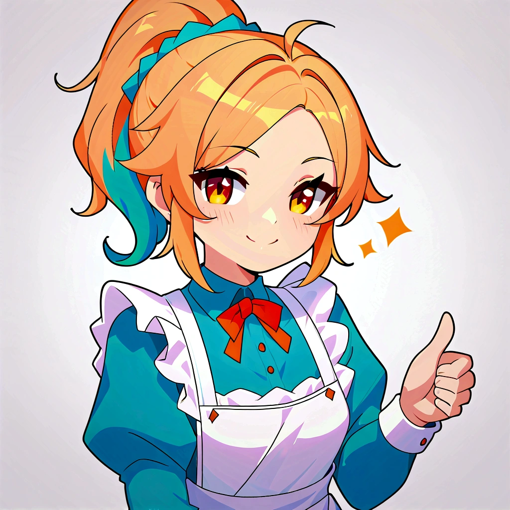 score_9, score_8_up, score_7_up, score_6_up, masterpiece, best quality, (chibi style, chibi emote), focus face, centered, 1girl, (multicolored hair, ponytail hairstyle), orange eyes, thumbs up, smile, fair skin, cyan and white maid dress, white background, simple background