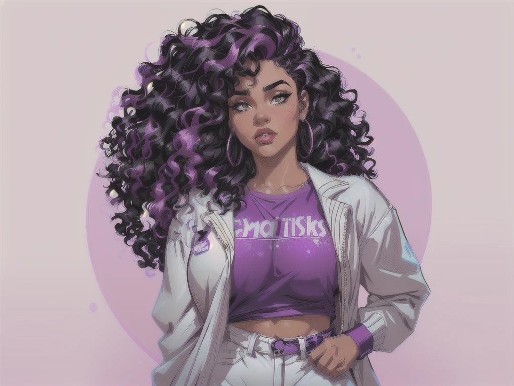 Create a digital character inspired by the styles and characters found in the Pinterest board (https://br.pinterest.com/vluiz9765/corpos-femininos/) and the TikTok account profile picture (https://www.tiktok.com/@aqlsletras). The character should be a Black woman, amoust dark skin color,with a curvy and athletic build, drawn in a semi-realistic art style. She should have curly black hair with purple highlights throughout, and the bangs should be curly too, like the rest of her hair. The character should embody a fashionable, modern, and confident appearance similar to the youthful styles popular today. shes a rockstar so added that style on her