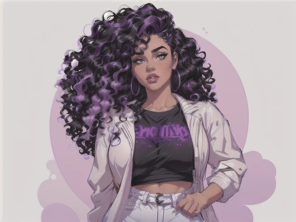 Create a digital character inspired by the styles and characters found in the Pinterest board (https://br.pinterest.com/vluiz9765/corpos-femininos/) and the TikTok account profile picture (https://www.tiktok.com/@aqlsletras). The character should be a Black woman, amoust dark skin color,with a curvy and athletic build, drawn in a semi-realistic art style. She should have curly black hair with purple highlights throughout, and the bangs should be curly too, like the rest of her hair. The character should embody a fashionable, modern, and confident appearance similar to the youthful styles popular today. shes a rockstar so added that style on her