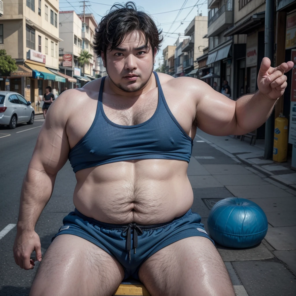 chubby man (jinbei) in street, blue skin, muscular, pectoral, wide pectoral, beach, palm, realistic, 8k, masterpiece, (wearing shorts and black tank top, ) bare foot showing his feet