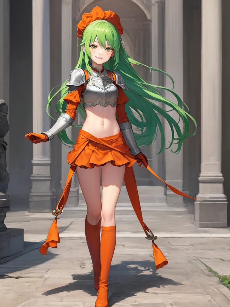 ((best quality)), ((masterpiece)), (detailed), palace, 1girl, 20 years old, full body portrait, very long green hair, beautiful green hair, smile, standing, archer, orange boots visible, orange shoes visible, orange shoes, orange tall boots, orange knee-high boots, orange knees, orange waist, orange abdomen, orange midriff, silver breastplate, silver armor shoulder guards, silver gauntlets, high-waisted short orange wrap skirt, small skirt