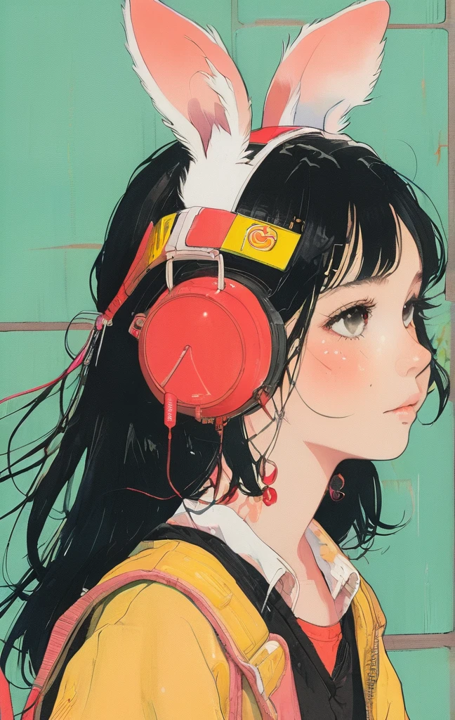 On a bright red campus"YES"Character、beautiful illustration, best quality, cute girl, bedroom, pastel color, fluffy bunny ears, , silver long hair, rabbit stuffed toy, bright lighting, light pink eyes、alone, One girl, profile,Black Bob,　profile,  The background color is solid yellow,An illustration