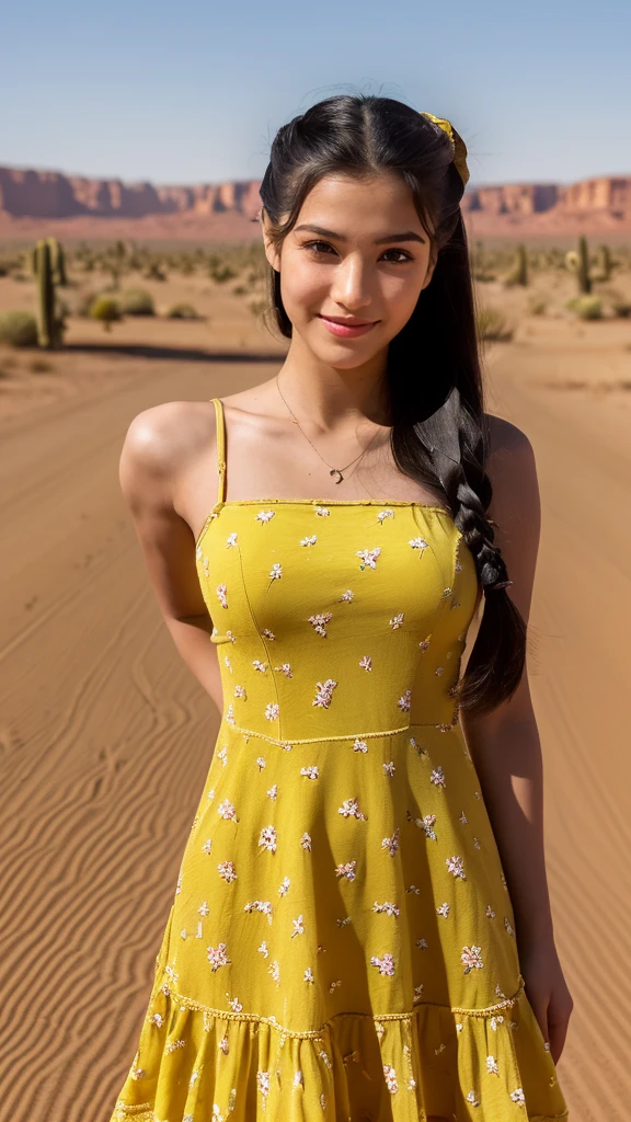 8k, highest quality, ultra detailed:1.37), Eliana, ((18 years)), a beautiful Asian girl, (Sahara Desert), ((flat desert view)), (((Highway))), ((cactus)), (sand surface), (desert sand), ((Evening Light)), (Beautiful Luxury floral Yellow Sundress), ((luxury yellow floral colour dress)), The high-resolution image captures ultra-detailed realism, highlighting Eliana's determined expression, piercing eyes, and confident stance, adding to the authenticity and significance of the image. This visually striking representation showcases Eliana's strength and dedication as a Beauty, cute knees, cactus, Beautiful Smile 1:2, ((Detailed face)), ((Perfect body figure)), ((Detailed hair)), ((Detailed Dress)), k, stylish Poses, (Big ice cube in background),