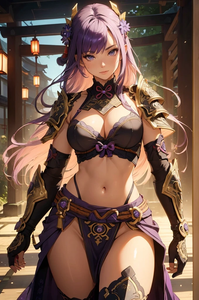 ((1girl, solo)), beautiful body, (perfect anatomy, perfect body, perfect hands, perfect legs), natural proportions, sexy body, large breasts, ((full body, full body front)) BREAK
((extremely detailed face)), (beautiful detailed eyes:1.6), (realistic pupils, realistic iris:1), expressive eyes, looking at viewer, (clear eyes:1.3), (hyperrealistic:1.2), (detailed skin texture:1.2), smooth skin, raiden shogun, (purple hair:1.5), (purple eyes), long hair, very long hair, braid, ((braided ponytail)), bangs, parted bangs, hair ornament, hair tie, ((mature female)), ((little smile)), (detailed lips:1.2), (attractive lips:1.1), (glossy lips:1.1), (parted lips), perfect face, perfect eyes BREAK
(revealing clothes:1.5), (japanese armor:1.5), (samurai armor), (groin:1.5), (((highleg))), bikini armor, pelvic curtain, partially visible vulva BREAK
(masterpiece:1.5), anime-style, top quality, best quality, (beautiful and aesthetic:1.2), (ultra detail:1.5), Ultra-detailed depiction, Ultra-precise depiction, extremely detailed 8k illustration, high resolution, (highly detailed shading:1.2), (realistic lighting:1.4), perfect lighting, vibrant colors, dynamic tones, striking hues, 8k, absurd resolution, perfect shadows, hdr, UHD, ambient lighting, realistic, ultra-realistic, photo realistic, highly detailed, rich detail, luminous colors, fine texture, intricate design, professional illustration, (soft light:1.2), (illustration:0.7)