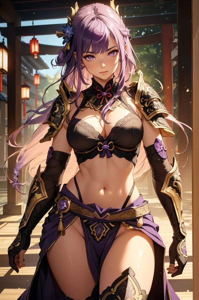 ((1girl, solo)), beautiful body, (perfect anatomy, perfect body, perfect hands, perfect legs), natural proportions, body, large breasts, ((full body, full body front)) BREAK
((extremely detailed face)), (beautiful detailed eyes:1.6), (realistic pupils, realistic iris:1), expressive eyes, looking at viewer, (clear eyes:1.3), (hyperrealistic:1.2), (detailed skin texture:1.2), smooth skin, raiden shogun, (purple hair:1.5), (purple eyes), long hair, very long hair, braid, ((braided ponytail)), bangs, parted bangs, hair ornament, hair tie, ((mature female)), ((little smile)), (detailed lips:1.2), (attractive lips:1.1), (glossy lips:1.1), (parted lips), perfect face, perfect eyes BREAK
(revealing clothes:1.5), (japanese armor:1.5), (samurai armor), (groin:1.5), (((highleg))), bikini armor, pelvic curtain, partially visible vulva BREAK
(masterpiece:1.5), anime-style, top quality, best quality, (beautiful and aesthetic:1.2), (ultra detail:1.5), Ultra-detailed depiction, Ultra-precise depiction, extremely detailed 8k illustration, high resolution, (highly detailed shading:1.2), (realistic lighting:1.4), perfect lighting, vibrant colors, dynamic tones, striking hues, 8k, absurd resolution, perfect shadows, hdr, UHD, ambient lighting, realistic, ultra-realistic, photo realistic, highly detailed, rich detail, luminous colors, fine texture, intricate design, professional illustration, (soft light:1.2), (illustration:0.7)