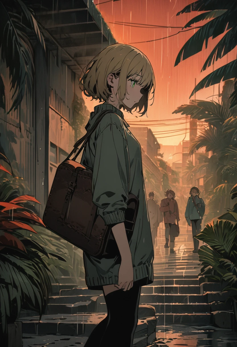 From side, best quality, masterpiece, close up of short young woman with short brown hair who is holding a large satchel while walking down wide steps, short blonde hair, green eyes, green sweater with jean shorts and black leggings, people are moving in the background, street, city in tropical climate after intense storm, power outage, dense overcast parting to reveal a red-orange sunset, wall of rain and visible on horizon, tropical plants, palm tree, slate atmosphere, Cinematic, faded colors, dark shot, muted colors , grainy film, lute, insane details, intricate details, hyper-detailed,